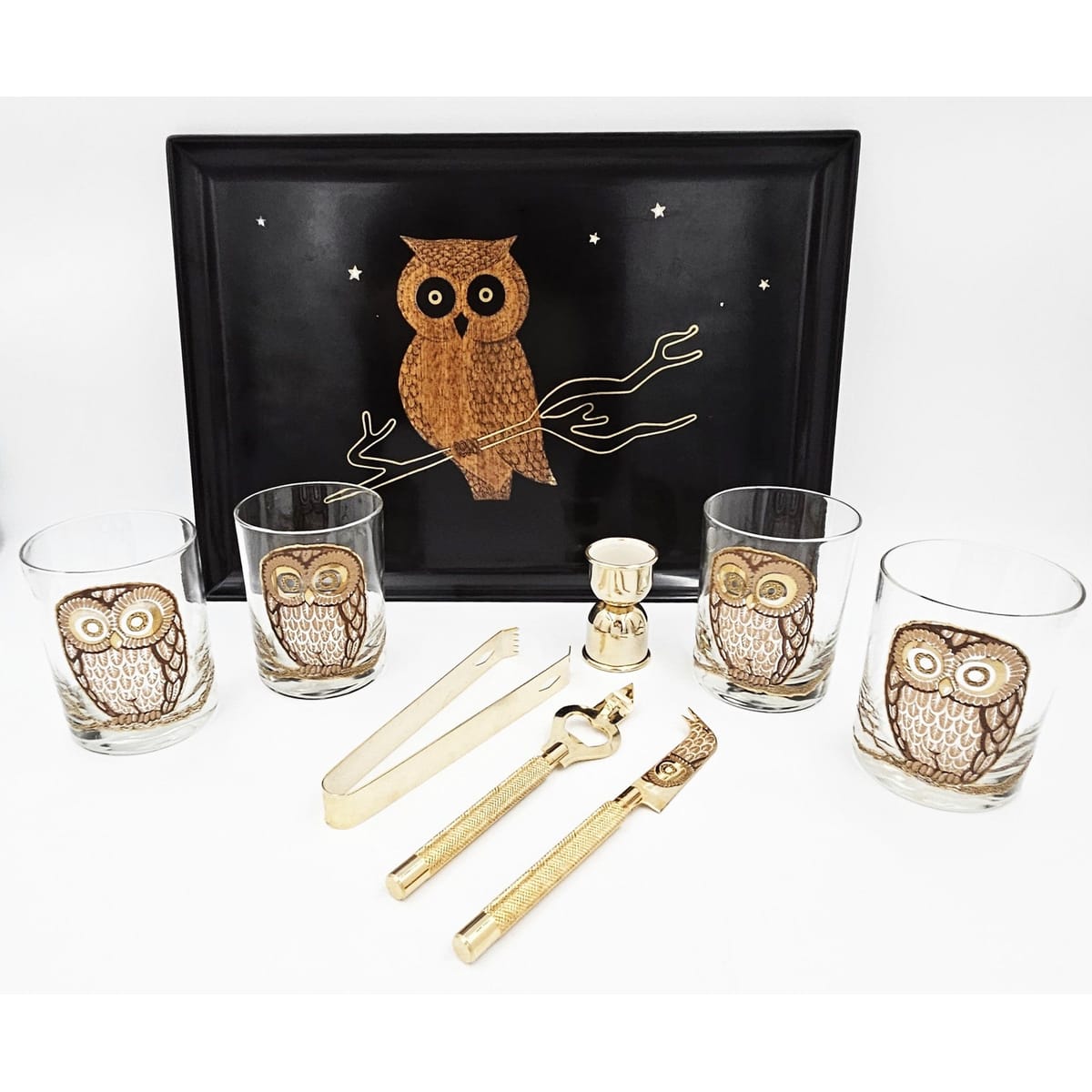 Georges Briard Serveware Georges Briard 22k Gold DOF Owl Glassware Set w/ Couroc Owl Tray Circa 1960&