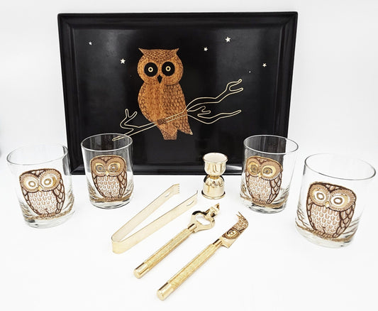 Georges Briard Serveware Georges Briard 22k Gold DOF Owl Glassware Set w/ Couroc Owl Tray Circa 1960's