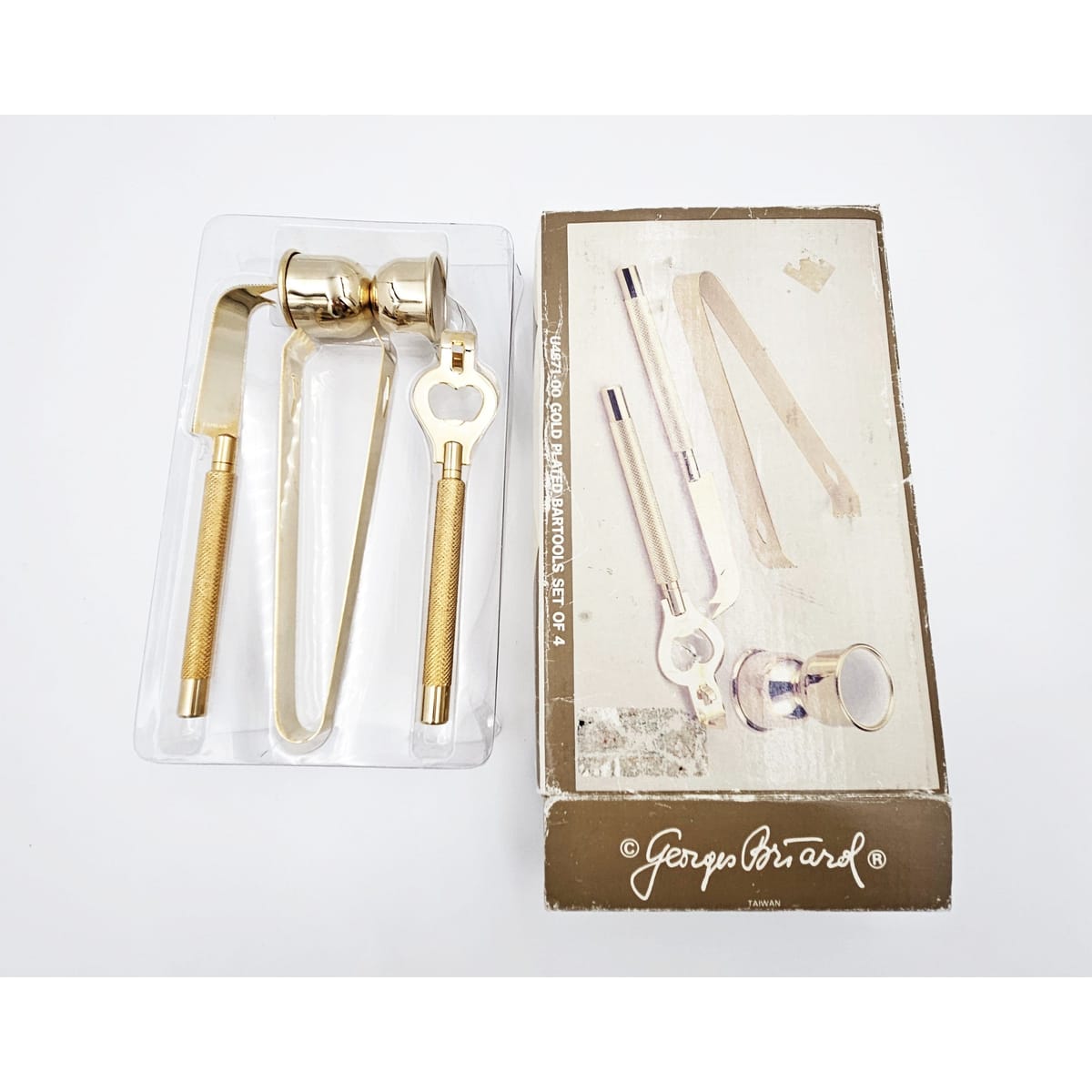 Georges Briard Serveware Georges Briard 22k Gold DOF Owl Glassware Set w/ Couroc Owl Tray Circa 1960&
