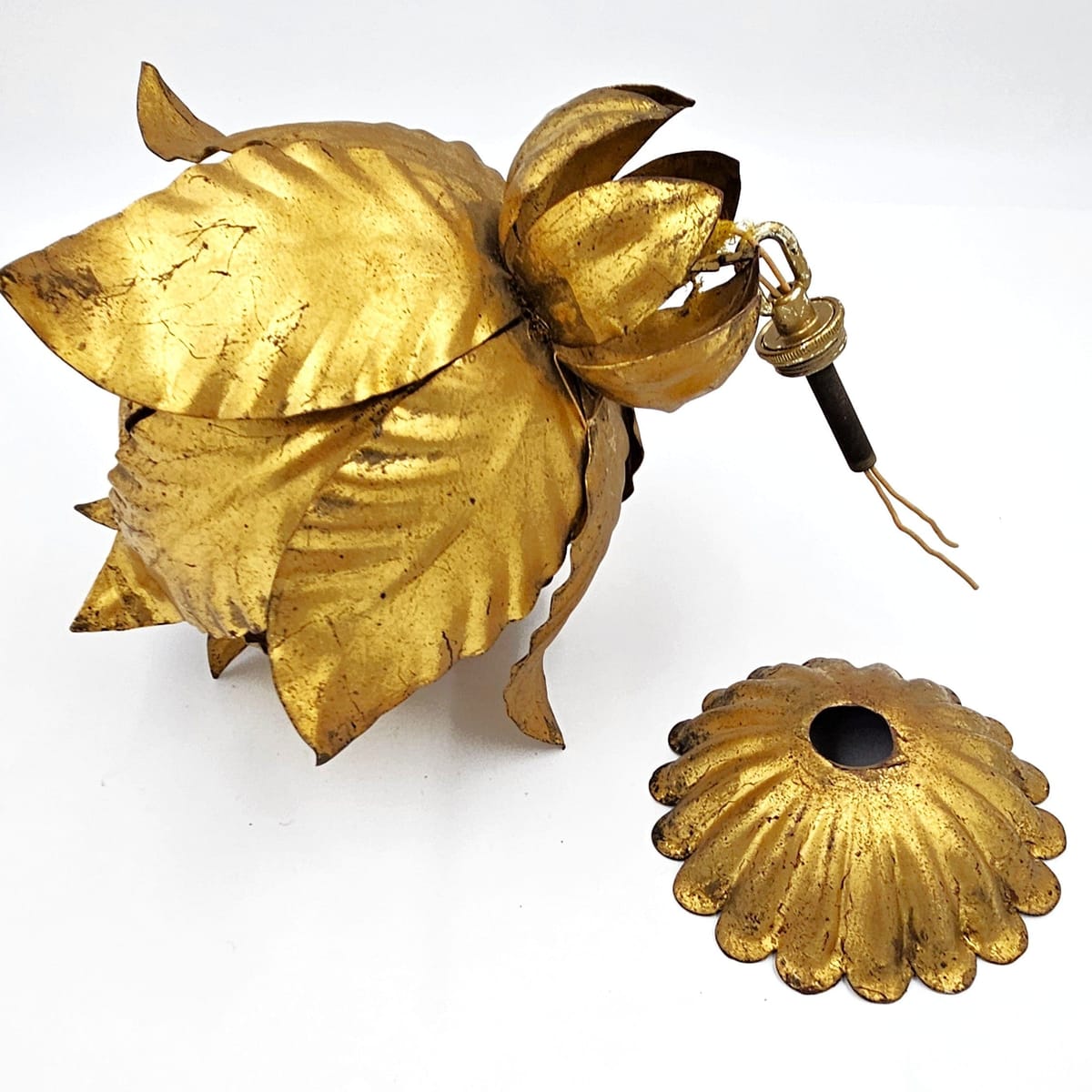 Halcolite Lighting MCM Halcolite Art Deco Brass Lotus Flower Hanging Pendant Light