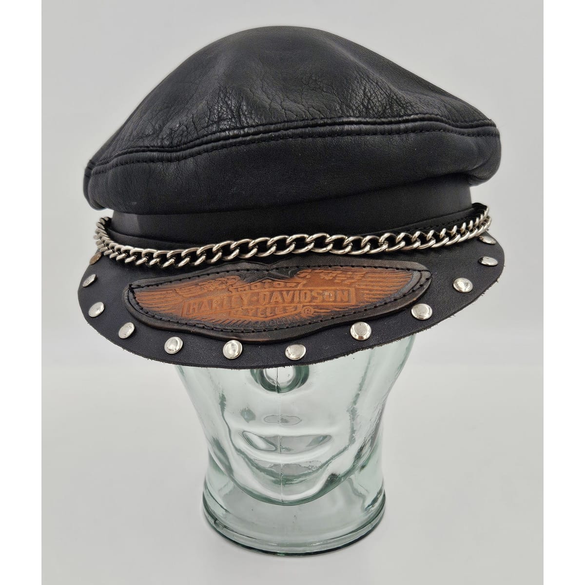 Harley Davidson Hats Original Harley Davidson All Leather &amp; Chain Captains Hat Military Cap 1970&
