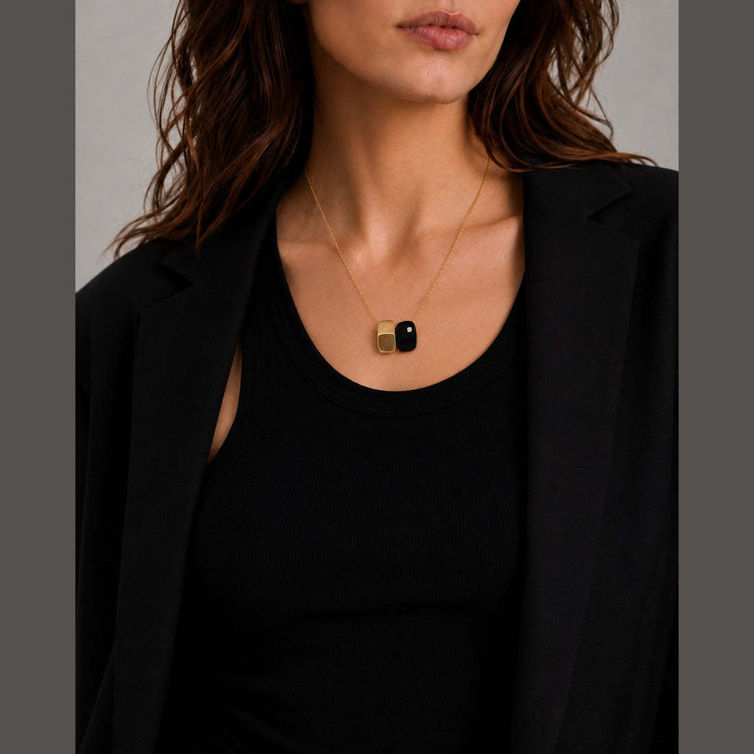 MCM Artisan 3D Modernist 14K Gold Diamond Black Lucite Brooch Necklace