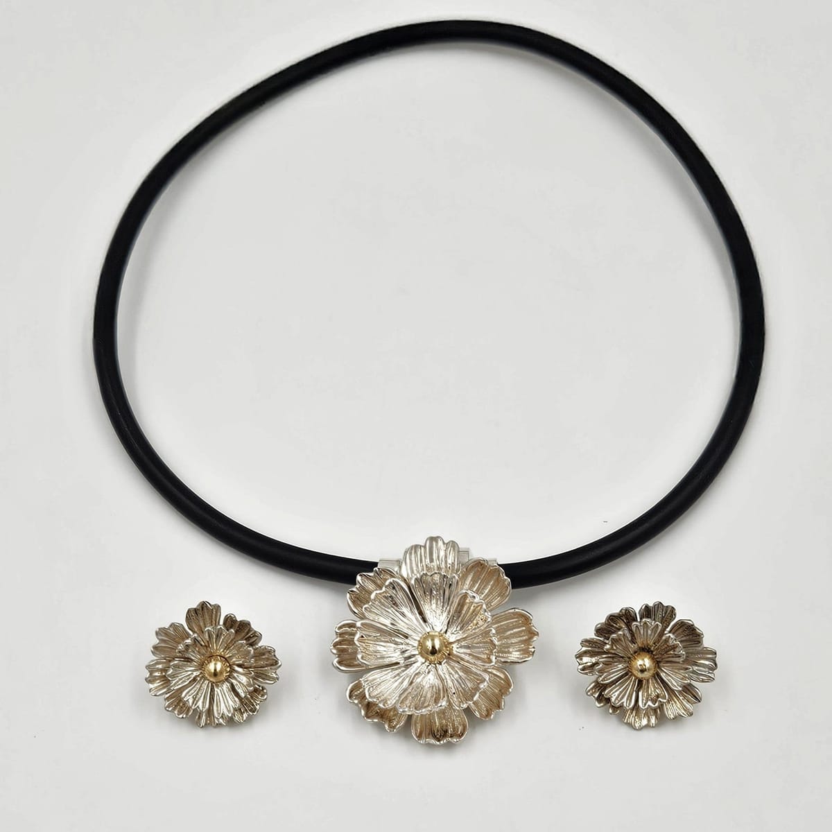 Joseph Esposito Jewelry Designer Joseph Esposito Sterling 14k 3D Flowers Necklace + Earrings Set 90s