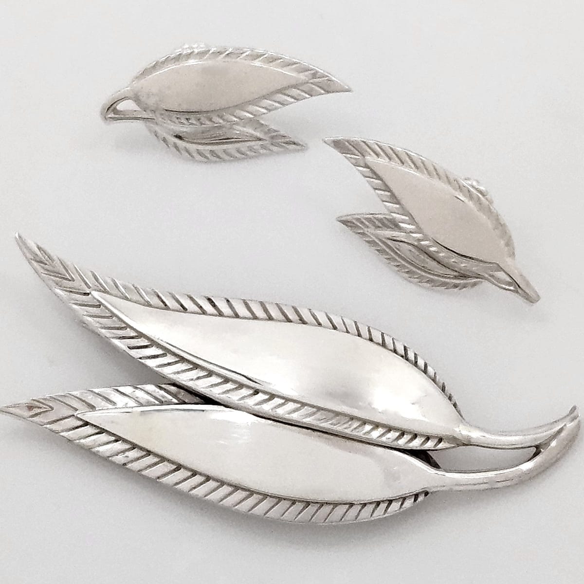 Just Andersen Denmark Jewelry Just Andersen Denmark Sterling Leaves Brooch &amp; Post back Earrings Set 1930s