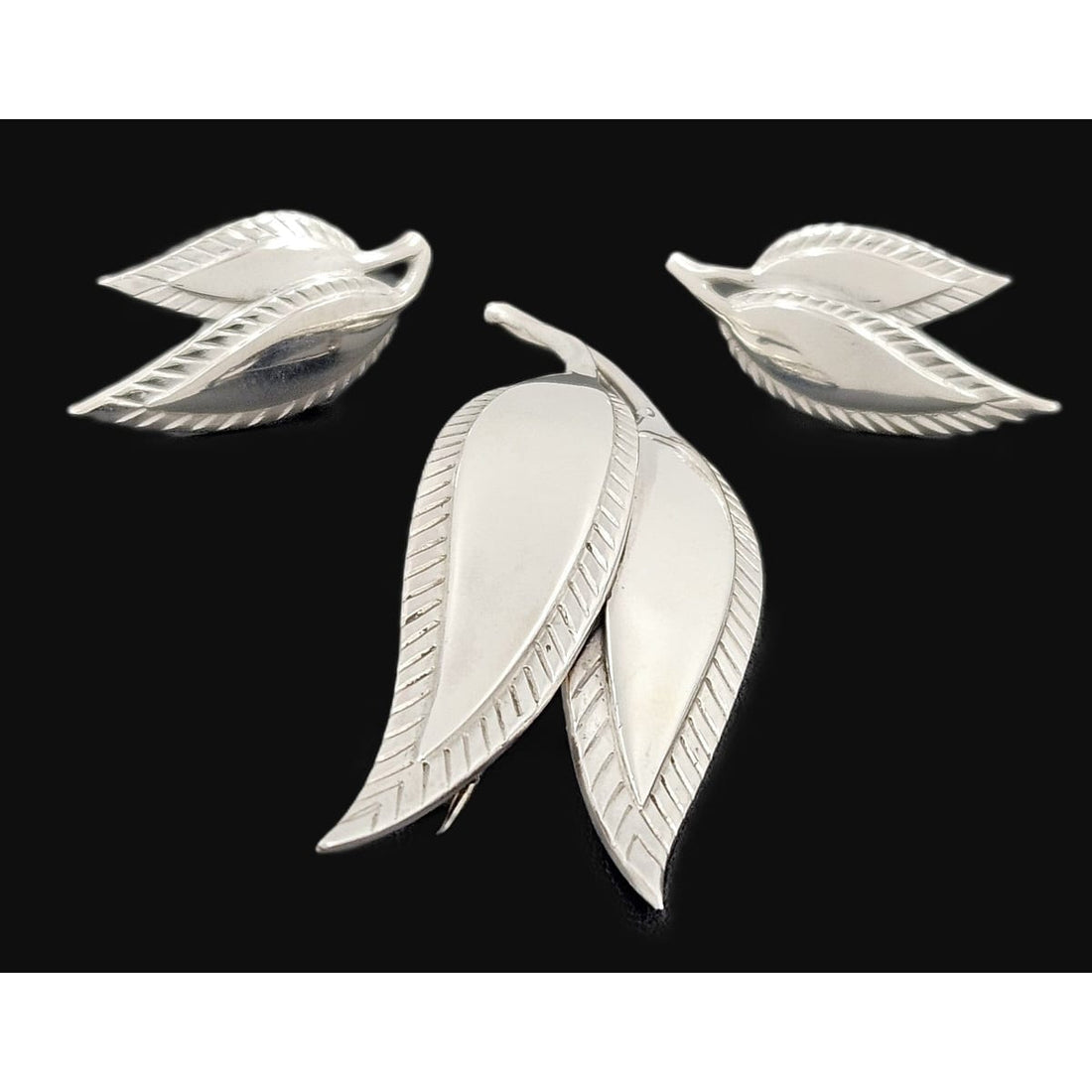 Just Andersen Denmark Jewelry Just Andersen Denmark Sterling Leaves Brooch &amp; Post back Earrings Set 1930s
