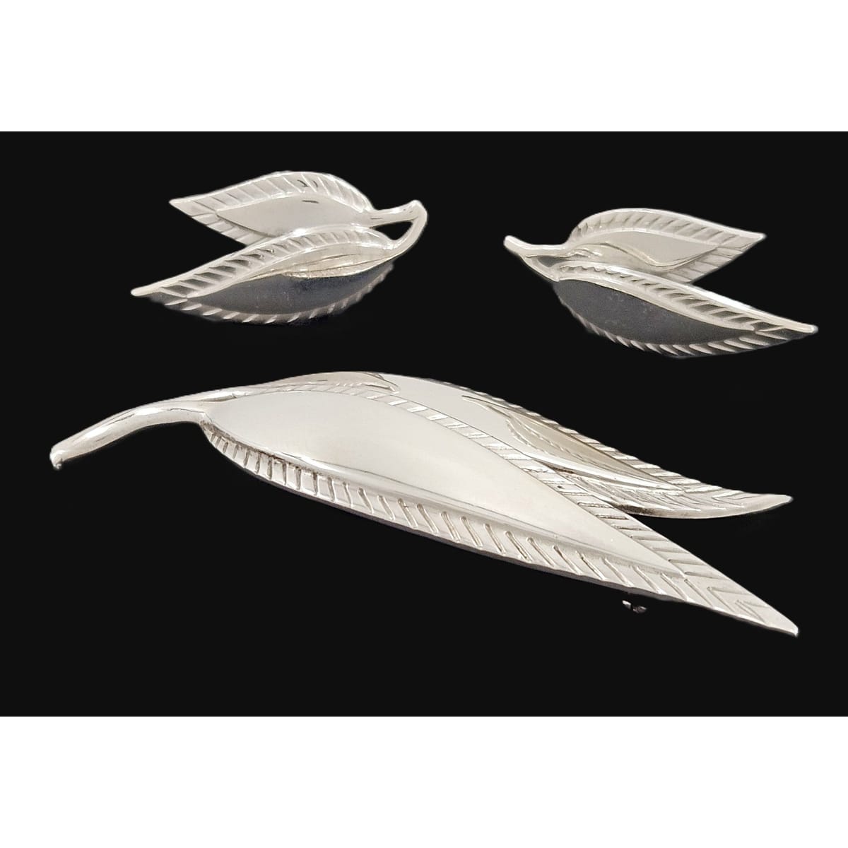 Just Andersen Denmark Jewelry Just Andersen Denmark Sterling Leaves Brooch &amp; Post back Earrings Set 1930s