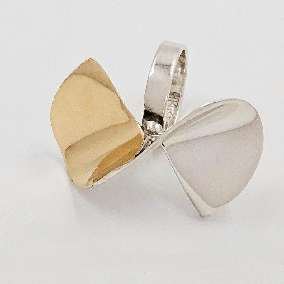 Kaunis Koru Jewelry Designer Finnish Kaunis Koru Sterling &amp; Gold Modernist HUGE Ring 1976