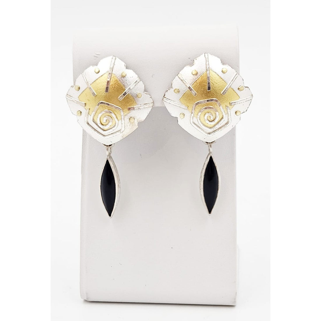 Keyworth Jewelry Artisan Keyworth Sterling 18K 22K Onyx Gold Modernist Drop Dangle Earrings