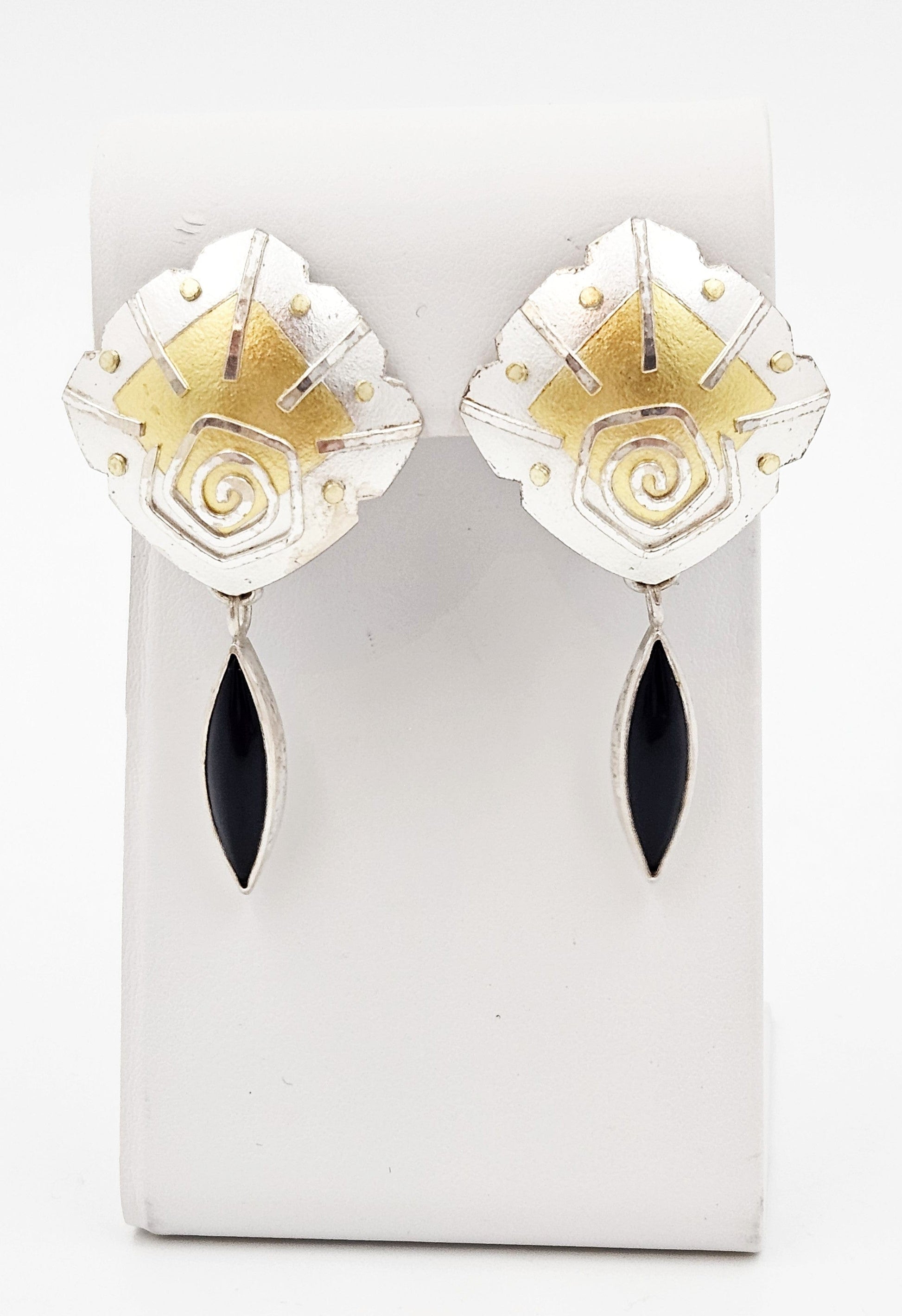 Keyworth Jewelry Artisan Keyworth Sterling 18K 22K Onyx Gold Modernist Drop Dangle Earrings