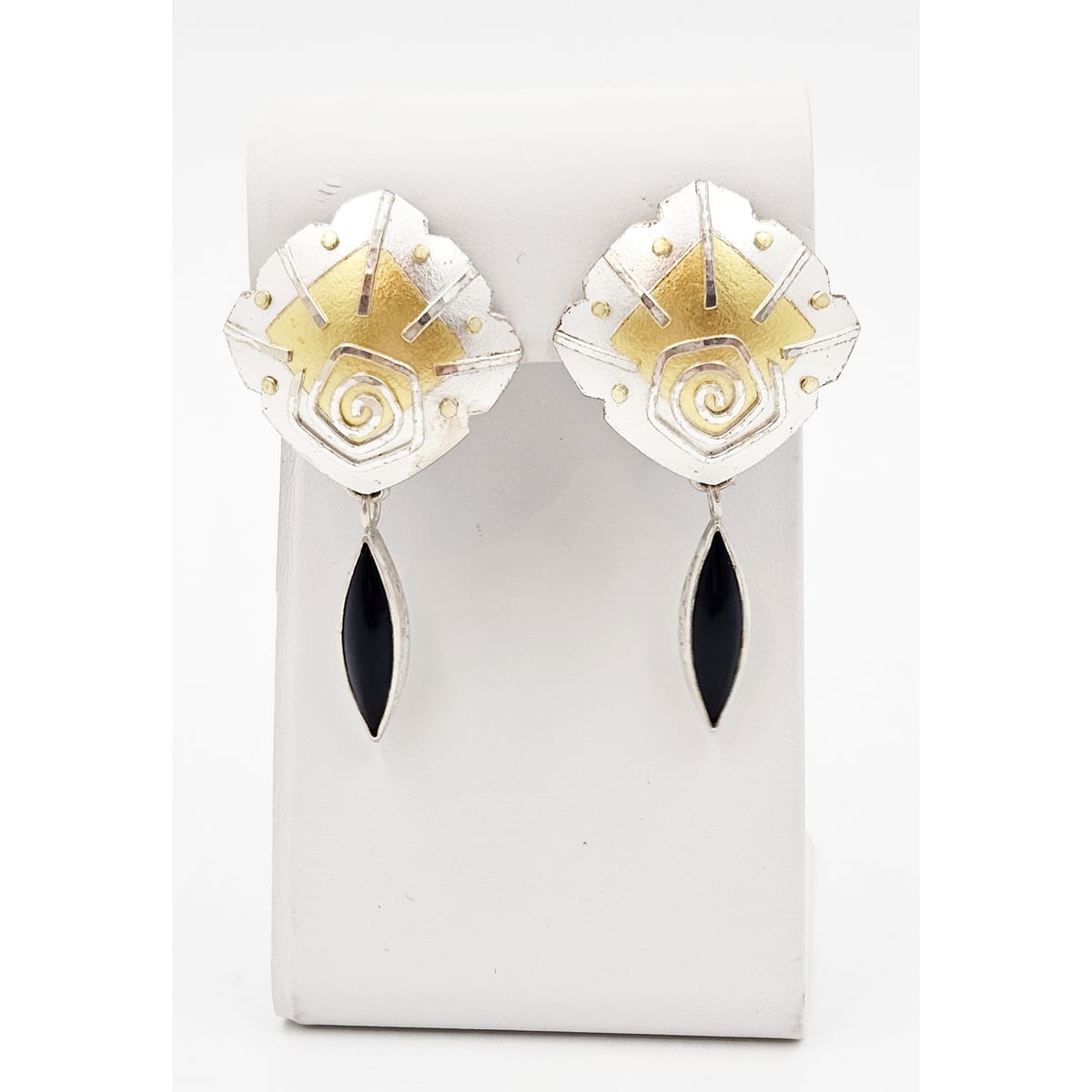 Keyworth Jewelry Artisan Keyworth Sterling 18K 22K Onyx Gold Modernist Drop Dangle Earrings