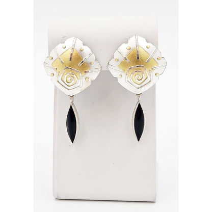 Keyworth Jewelry Artisan Keyworth Sterling 18K 22K Onyx Gold Modernist Drop Dangle Earrings