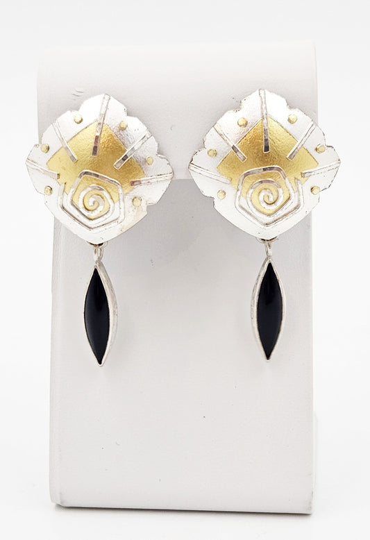 Keyworth Jewelry Artisan Keyworth Sterling 18K 22K Onyx Gold Modernist Drop Dangle Earrings