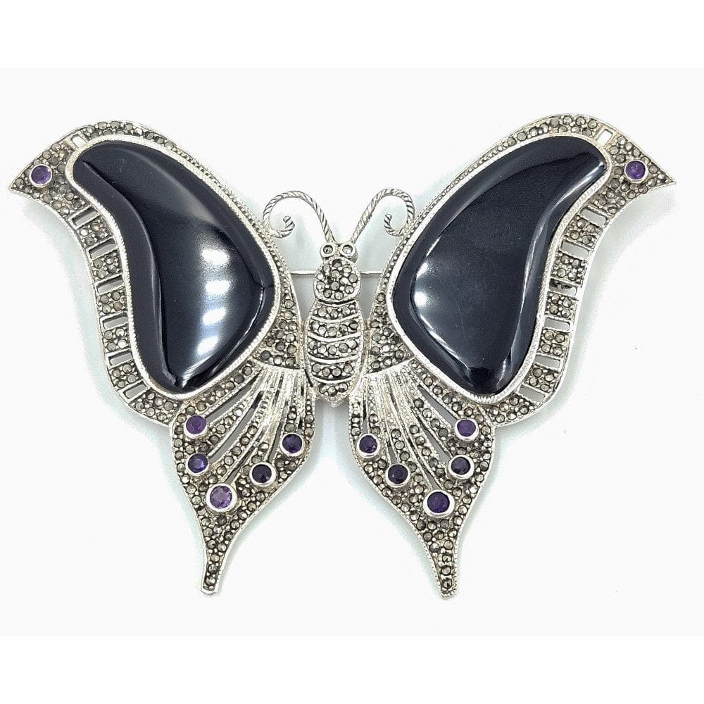 LaRose Ganadonegro Jewelry Wow! Designer HJ Sterling Marcasite Onyx Amethyst Huge Butterfly Brooch