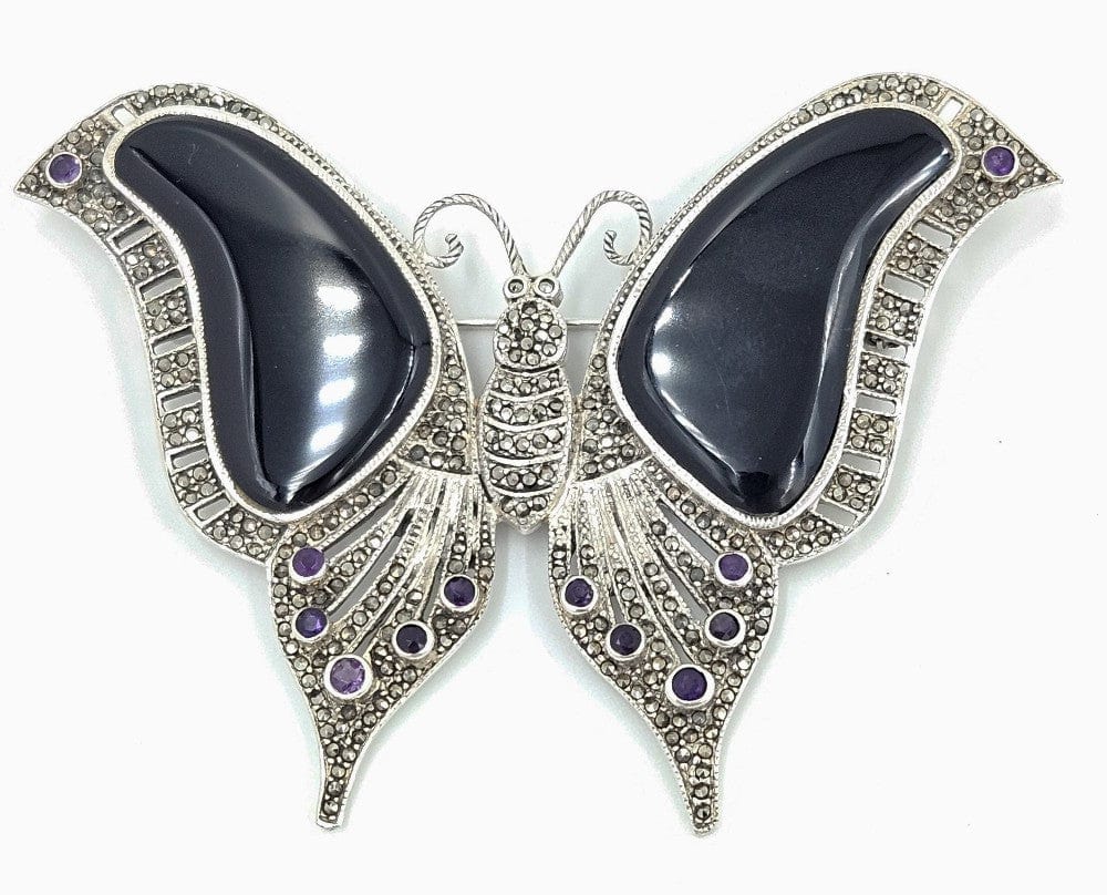 LaRose Ganadonegro Jewelry Wow! Designer HJ Sterling Marcasite Onyx Amethyst Huge Butterfly Brooch