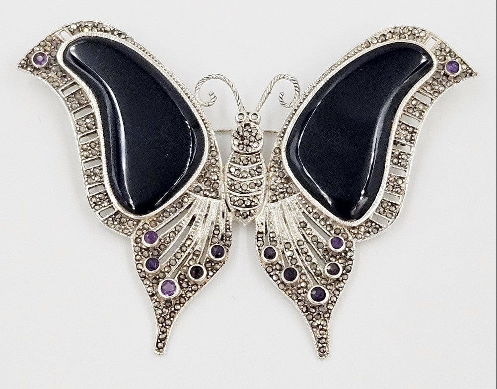 LaRose Ganadonegro Jewelry Wow! Designer HJ Sterling Marcasite Onyx Amethyst Huge Butterfly Brooch