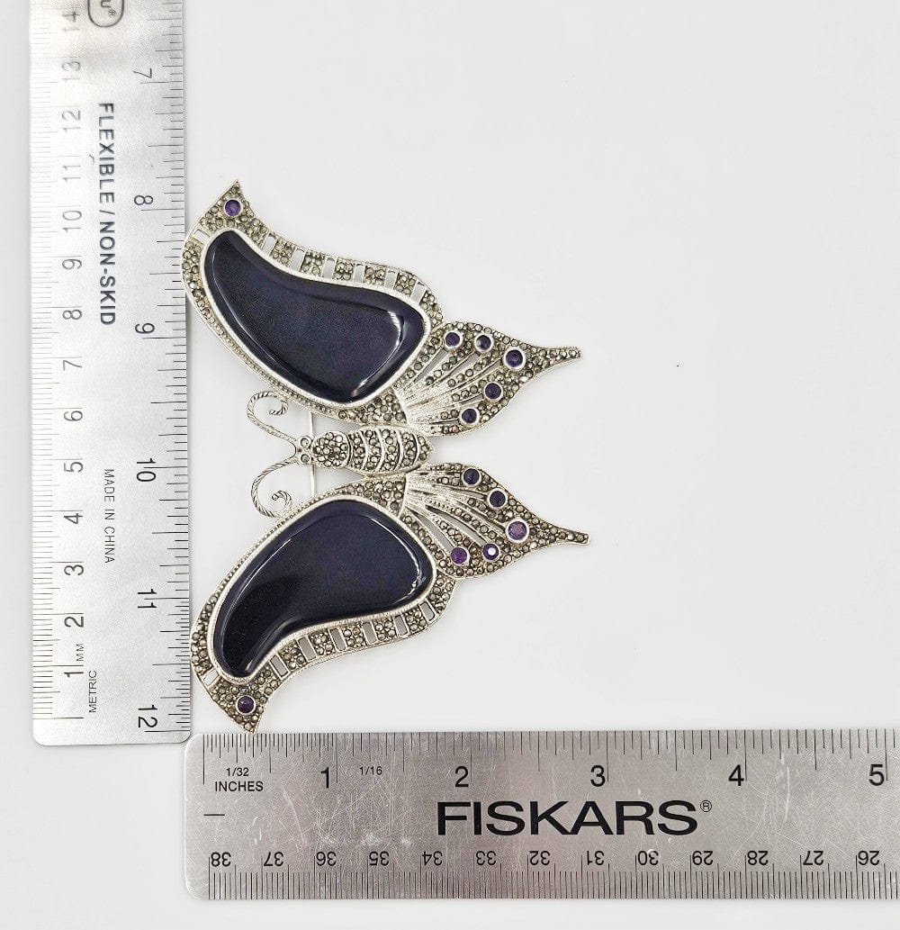 LaRose Ganadonegro Jewelry Wow! Designer HJ Sterling Marcasite Onyx Amethyst Huge Butterfly Brooch