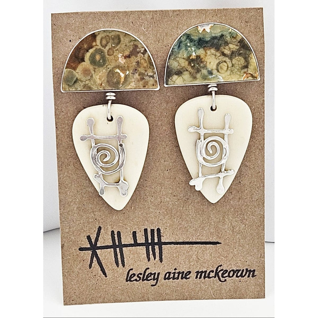 Lesley Aine McKeown Jewelry Designer Lesley Aine McKeown Sterling Jasper Agate Modernist Earrings NOS