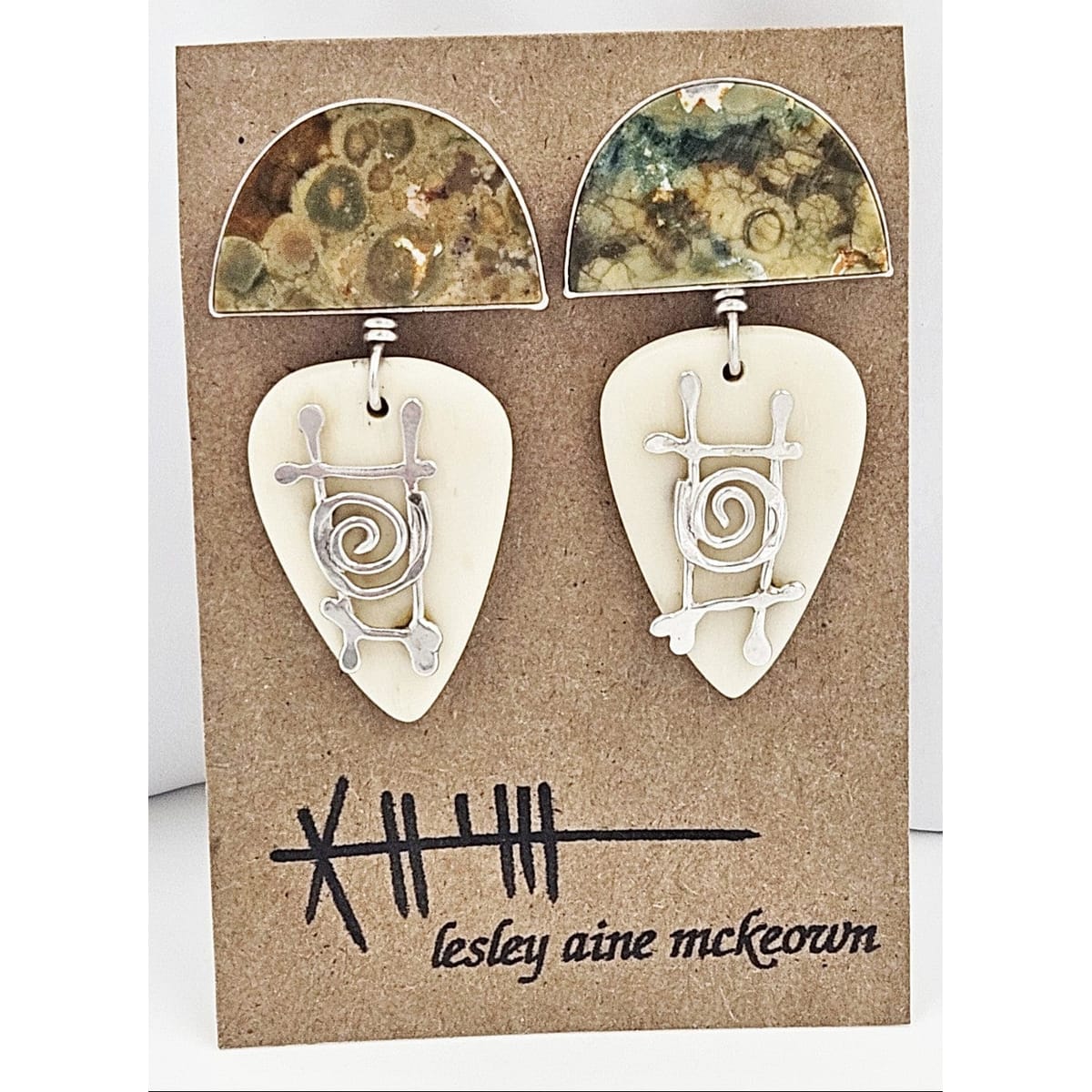 Lesley Aine McKeown Jewelry Designer Lesley Aine McKeown Sterling Jasper Agate Modernist Earrings NOS