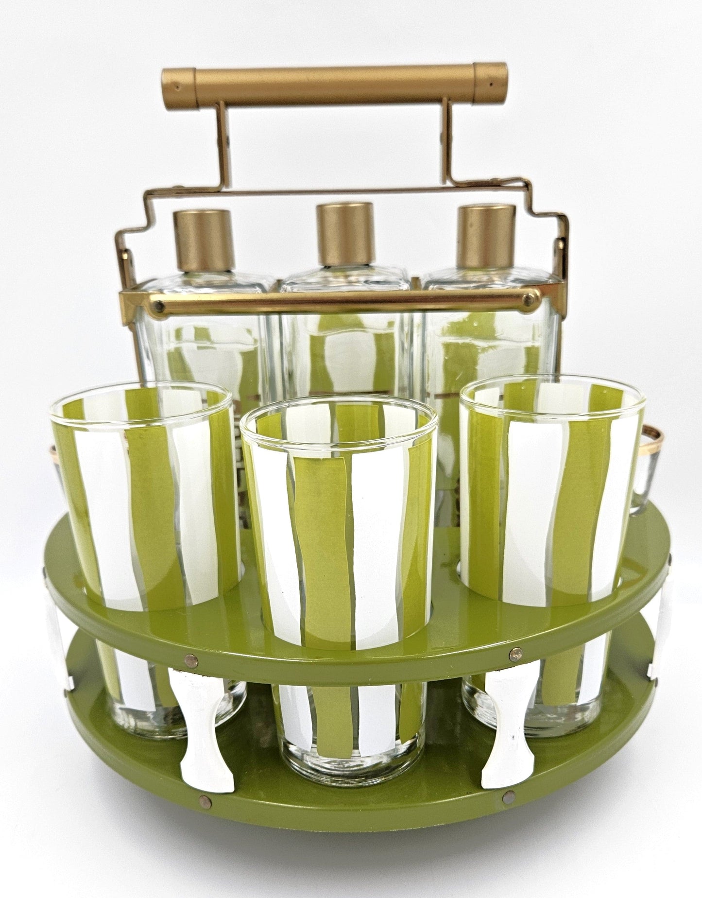 Libbey Barware MCM Libbey Green White Tantalus Carousel Bottle Glassware Set 1950/60s