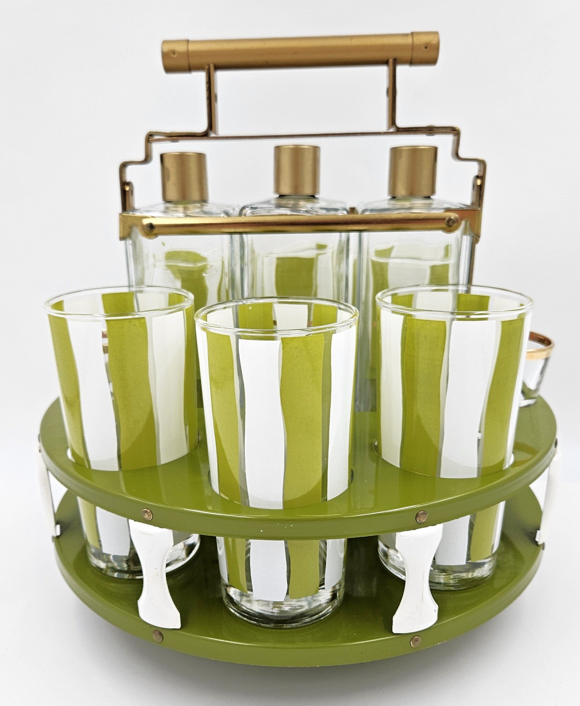 Libbey Barware MCM Libbey Green White Tantalus Carousel Bottle Glassware Set 1950/60s