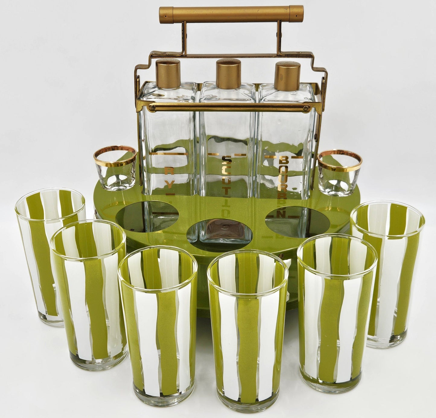 Libbey Barware MCM Libbey Green White Tantalus Carousel Bottle Glassware Set 1950/60s