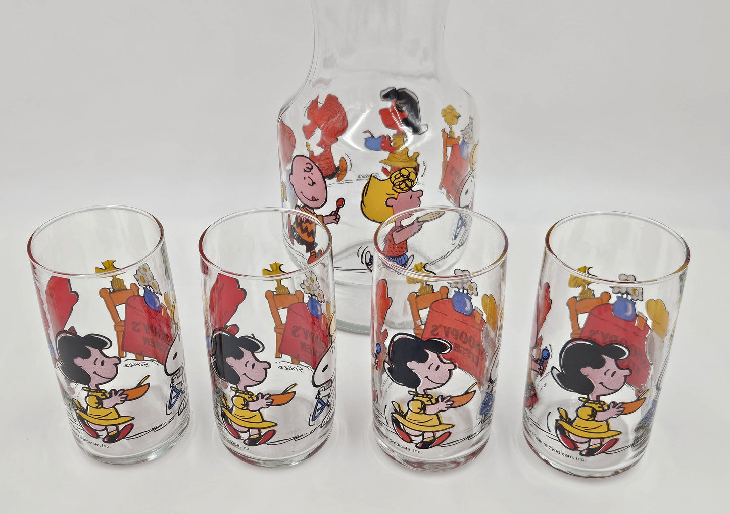 Libbey Barware UFS Charles Schultz Peanuts Snoopy's Kitchen Carafe Glassware Set 1965/66