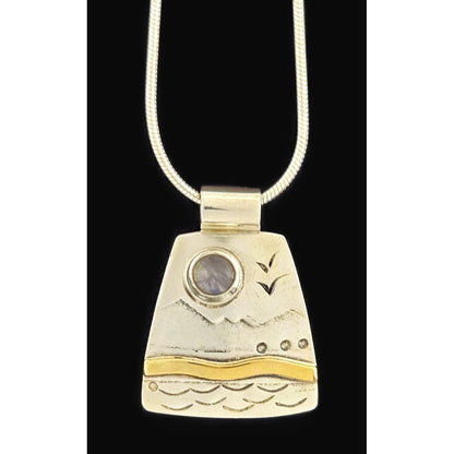 LM Artisan Sterling Necklace Jewelry Sterling &amp; Gold Moonstone Abstract Modernist Pendant Necklace Signed LM