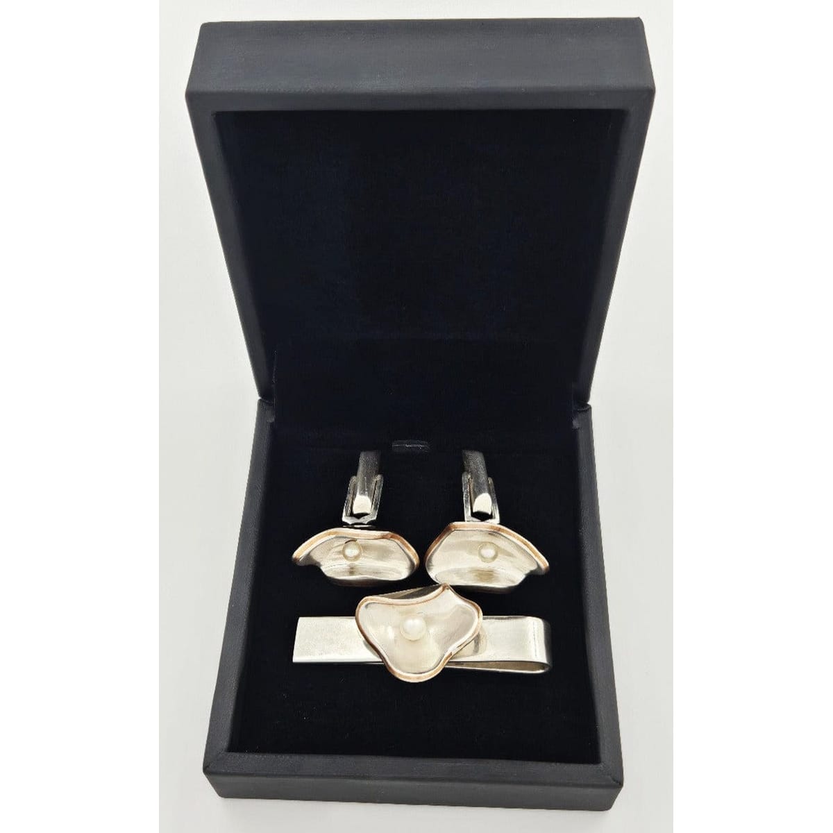 Los Castillo Taxco Jewelry Los Castillo Margot Taxco Sterling Pearl Modernist Cufflinks Tie Bar Set 1950s