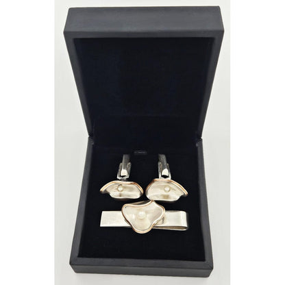 Los Castillo Taxco Jewelry Los Castillo Margot Taxco Sterling Pearl Modernist Cufflinks Tie Bar Set 1950s