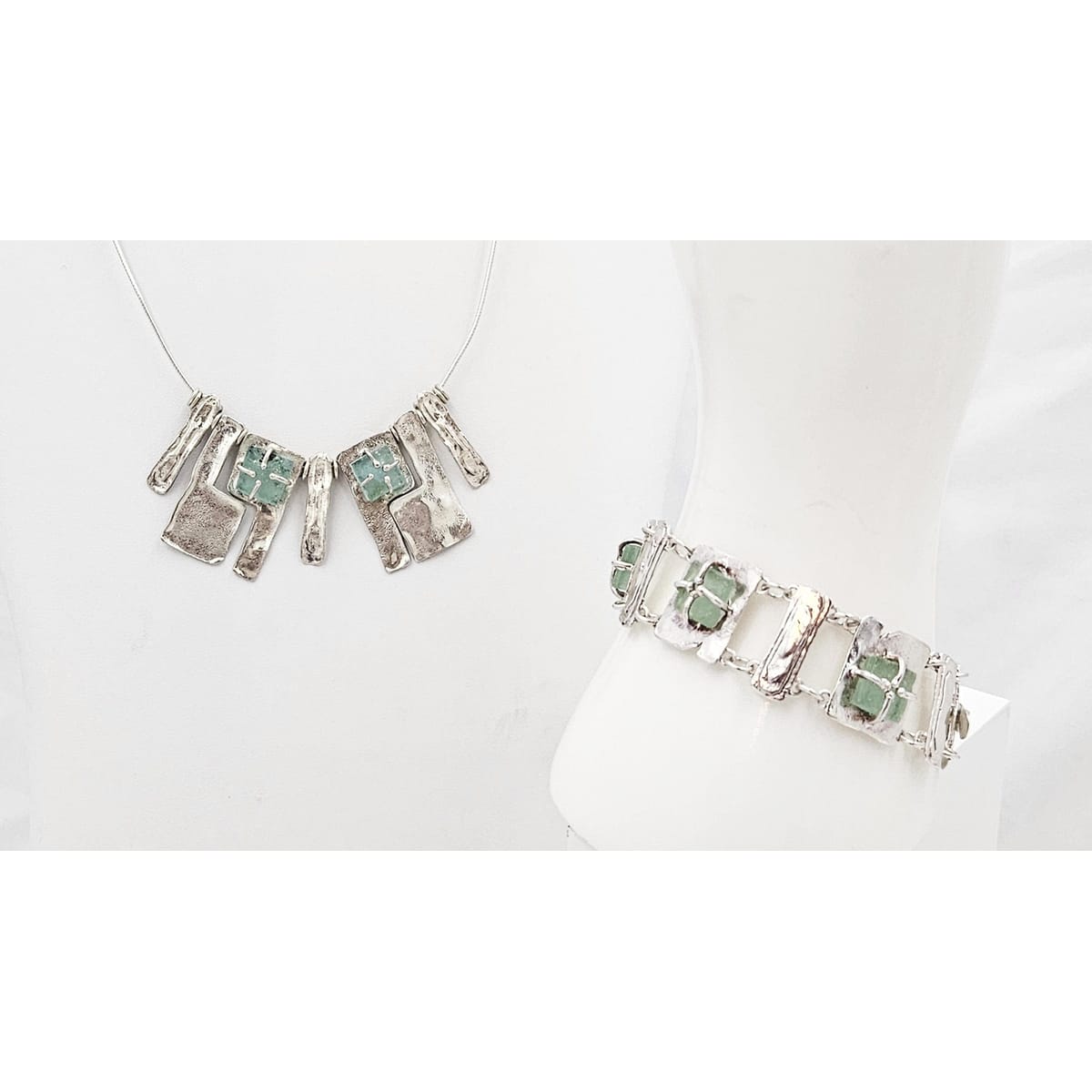 Luli Hammerstein Jewelry Luli Hammersztein Sterling Roman Glass Modernist Necklace &amp; Bracelet Set 1980s