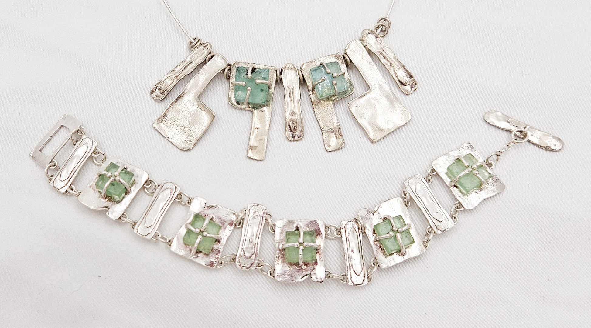 Luli Hammerstein Jewelry Luli Hammersztein Sterling Roman Glass Modernist Necklace & Bracelet Set 1980s