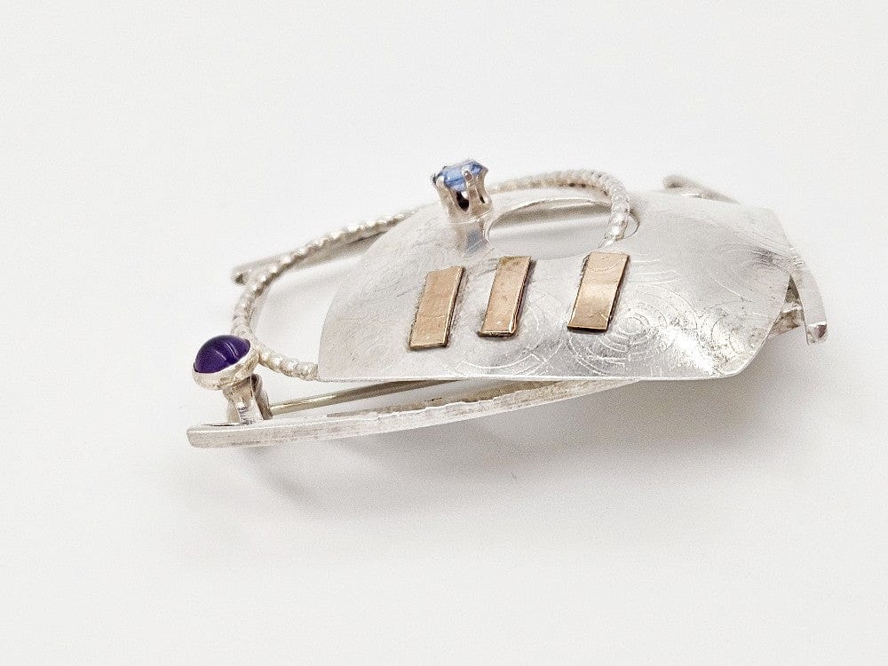 Lynda Thorp Jewelry Lynda Thorp Sterling 14K Amethyst Blue Topaz Modernist Abstract Brooch 1994