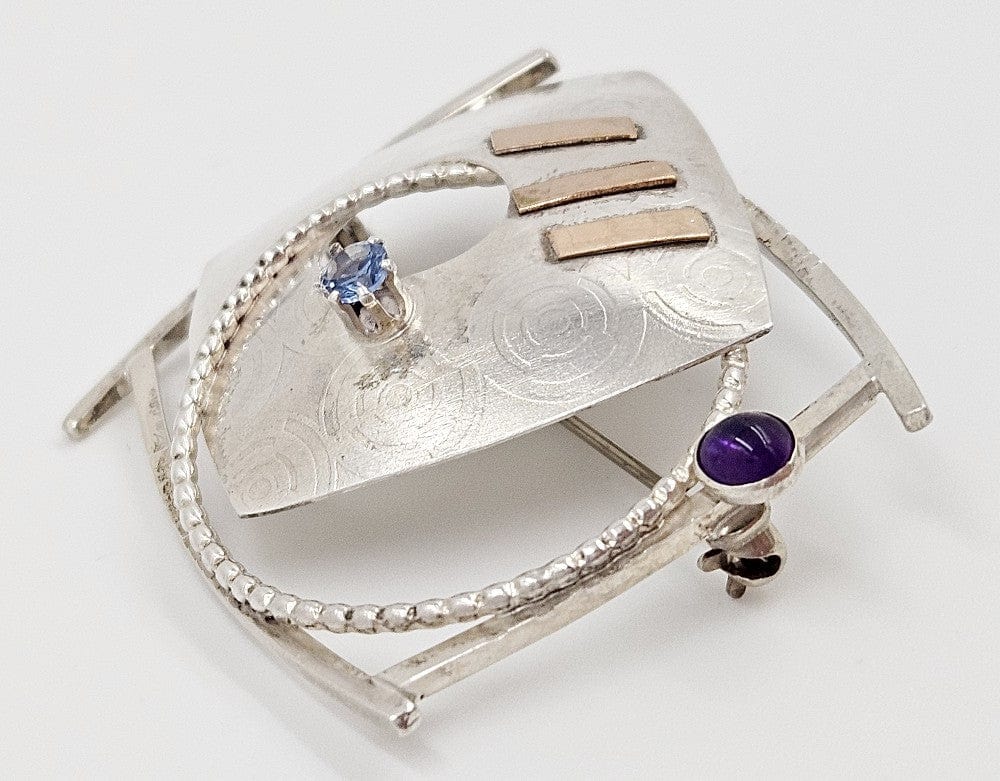 Lynda Thorp Jewelry Lynda Thorp Sterling 14K Amethyst Blue Topaz Modernist Abstract Brooch 1994