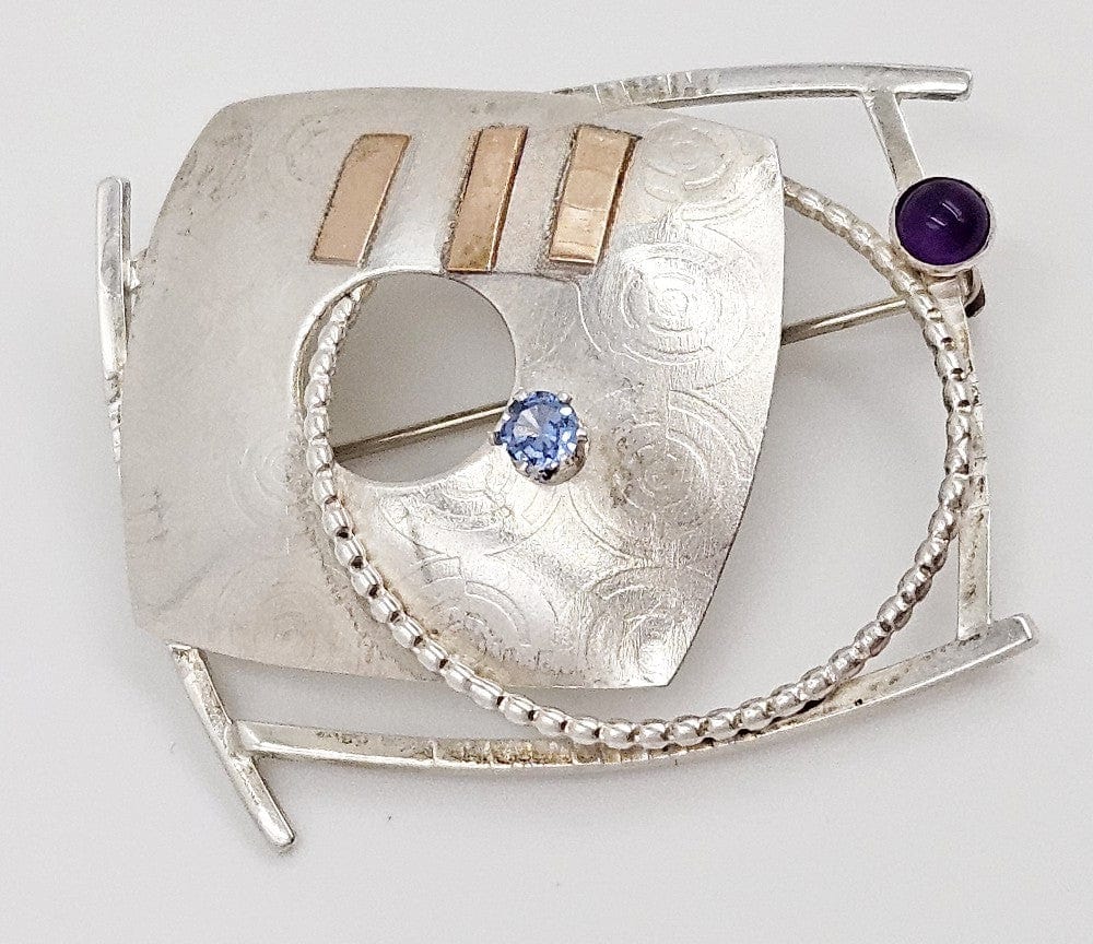 Lynda Thorp Jewelry Lynda Thorp Sterling 14K Amethyst Blue Topaz Modernist Abstract Brooch 1994