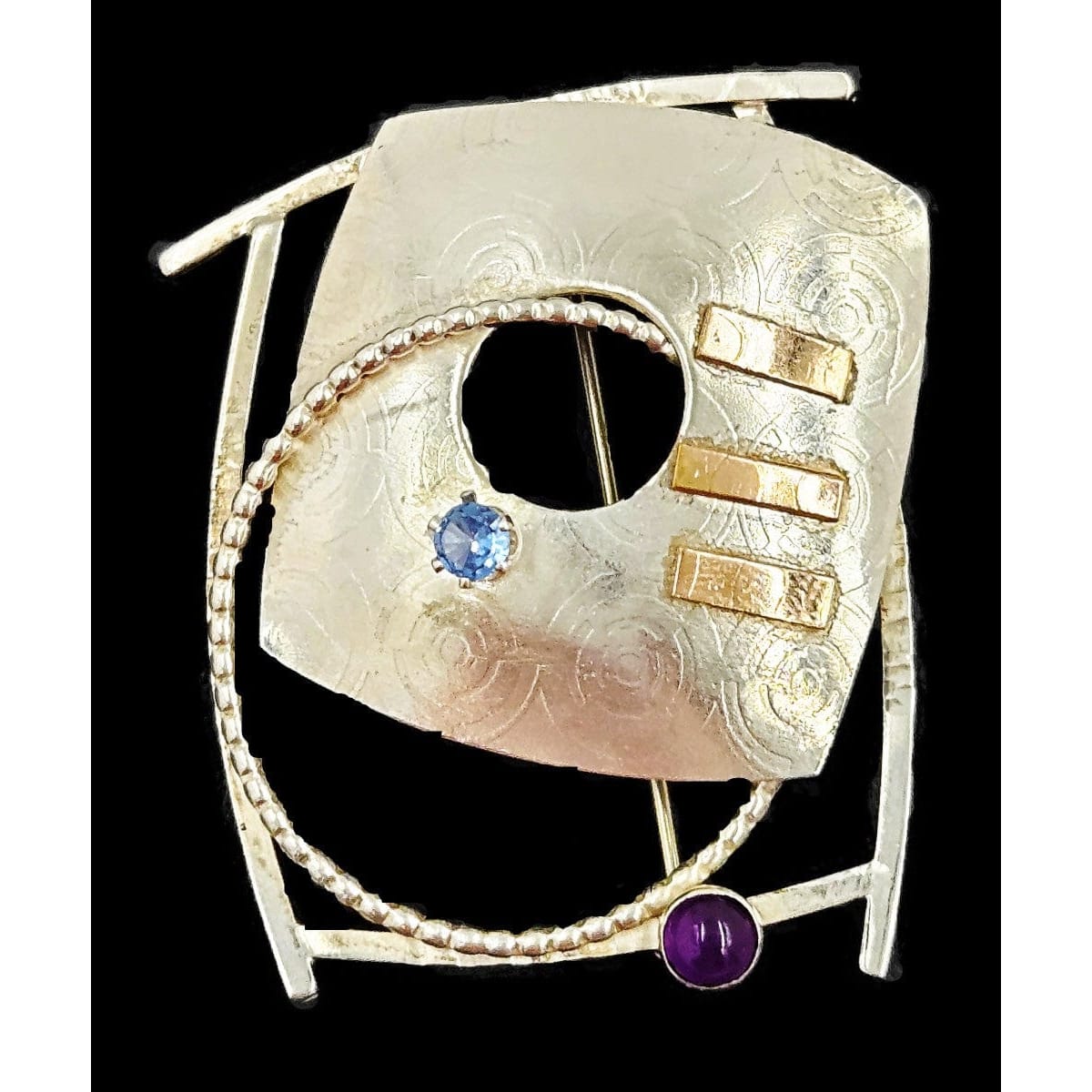 Lynda Thorp Jewelry Lynda Thorp Sterling 14K Amethyst Blue Topaz Modernist Abstract Brooch 1994