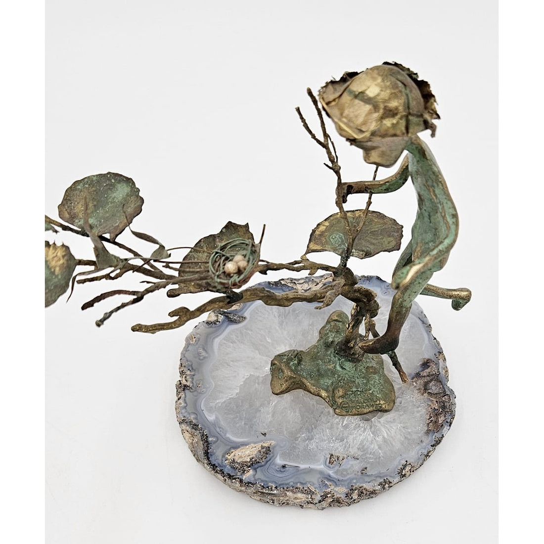 Malcolm Moran Sculpture Superb Malcolm Moran Bronze Nature Girl w/Birds &amp; Nest Sculpture Statue 1971