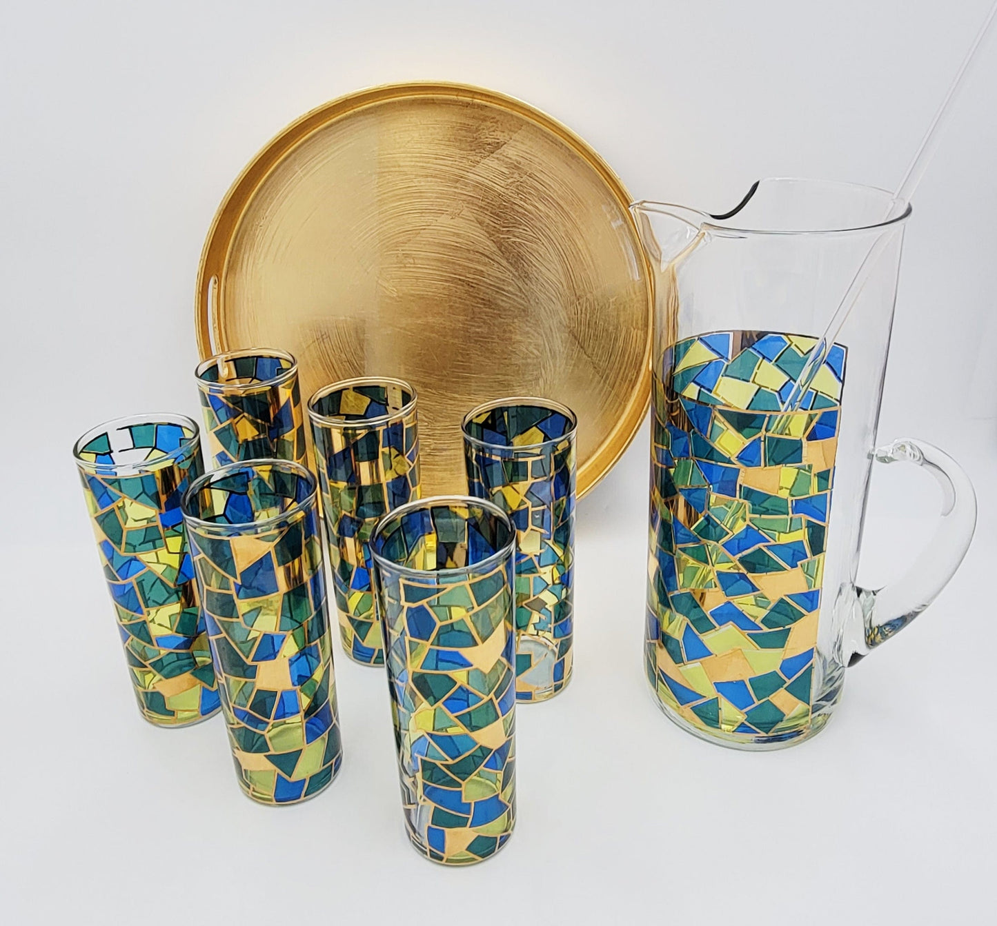 MCM Barware Barware MCM Tall Pitcher with 6 Matching Collins Glasses and Metallic Gold Tray Set