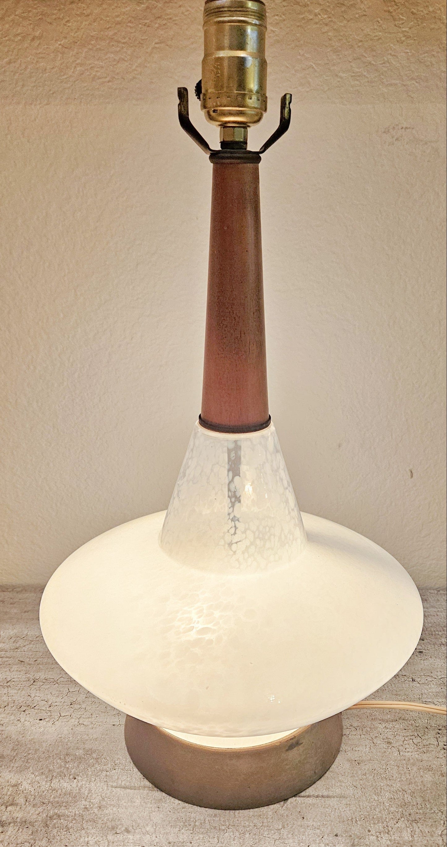 MCM Glass and Teak Lamp Lighting MCM Modernist Scandinavian Style White Blown Glass & Teak Table Lamp 50/60s