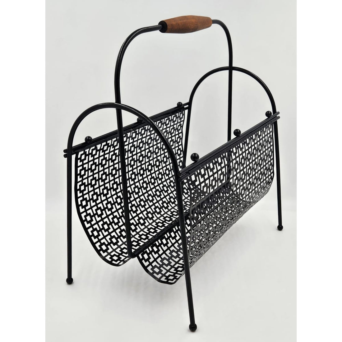 MCM Magazine Rack Magazine Rack Fabulous 1950s Mod Patterned Black Steel Double Magazine LP Record Holder