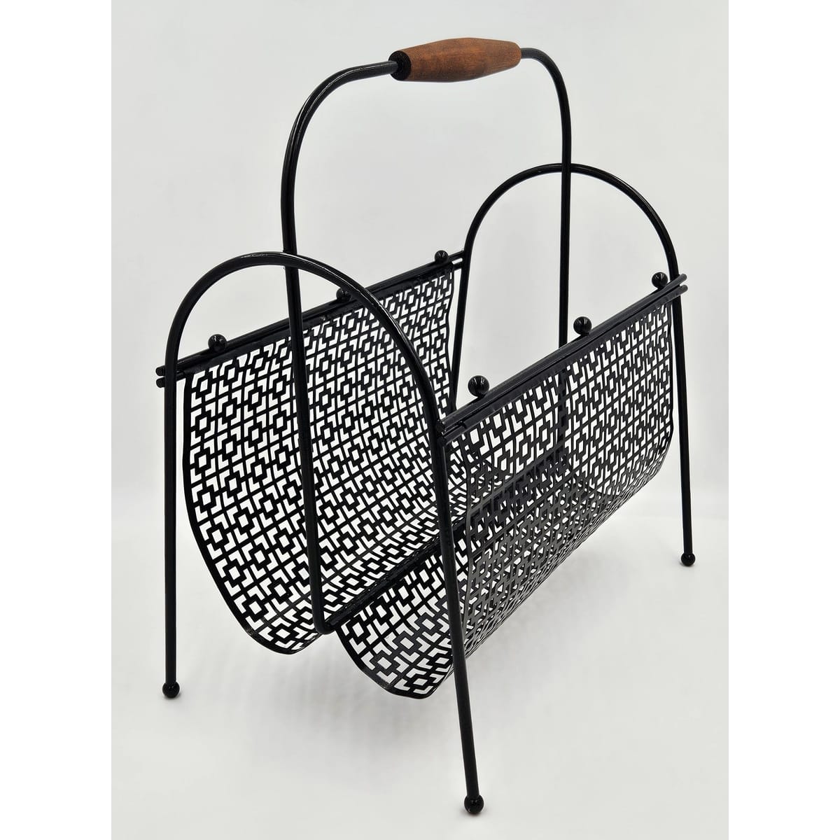 MCM Magazine Rack Magazine Rack Fabulous 1950s Mod Patterned Black Steel Double Magazine LP Record Holder