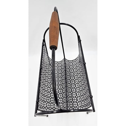 MCM Magazine Rack Magazine Rack Fabulous 1950s Mod Patterned Black Steel Double Magazine LP Record Holder