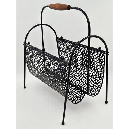 MCM Magazine Rack Magazine Rack Fabulous 1950s Mod Patterned Black Steel Double Magazine LP Record Holder