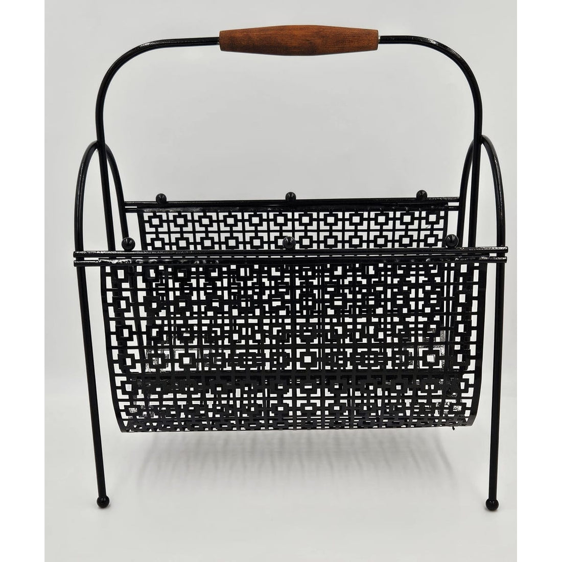 MCM Magazine Rack Magazine Rack Fabulous 1950s Mod Patterned Black Steel Double Magazine LP Record Holder