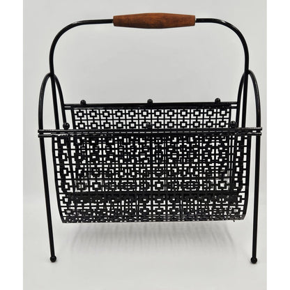 MCM Magazine Rack Magazine Rack Fabulous 1950s Mod Patterned Black Steel Double Magazine LP Record Holder