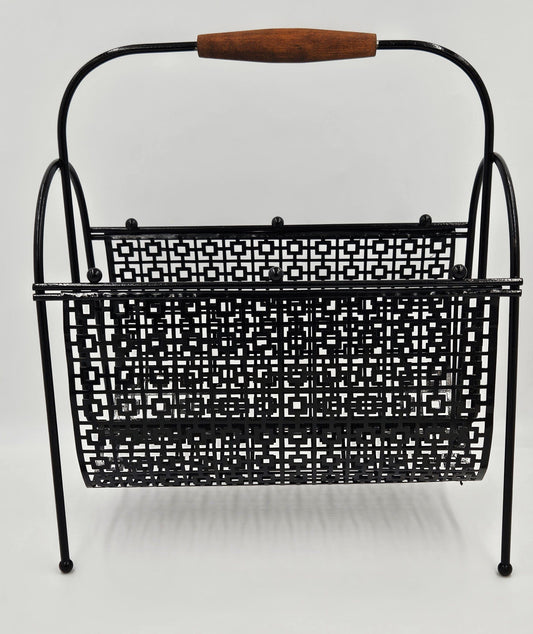 MCM Magazine Rack Magazine Rack Fabulous 1950s Mod Patterned Black Steel Double Magazine LP Record Holder