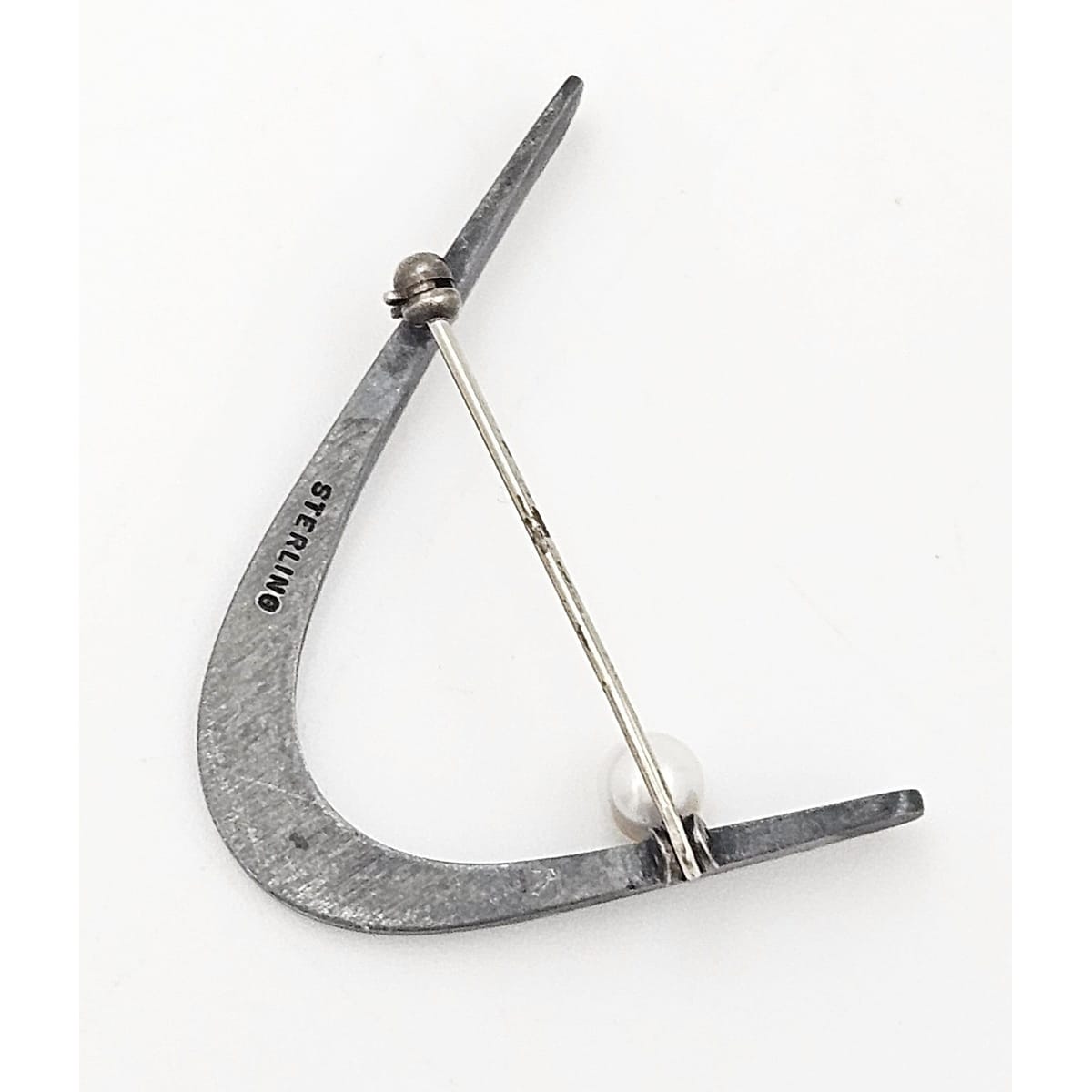 MCM Retro Brooch Jewelry Vintage Sterling Silver &amp; Pearl Abstract Modernist Retro Boomerang Brooch
