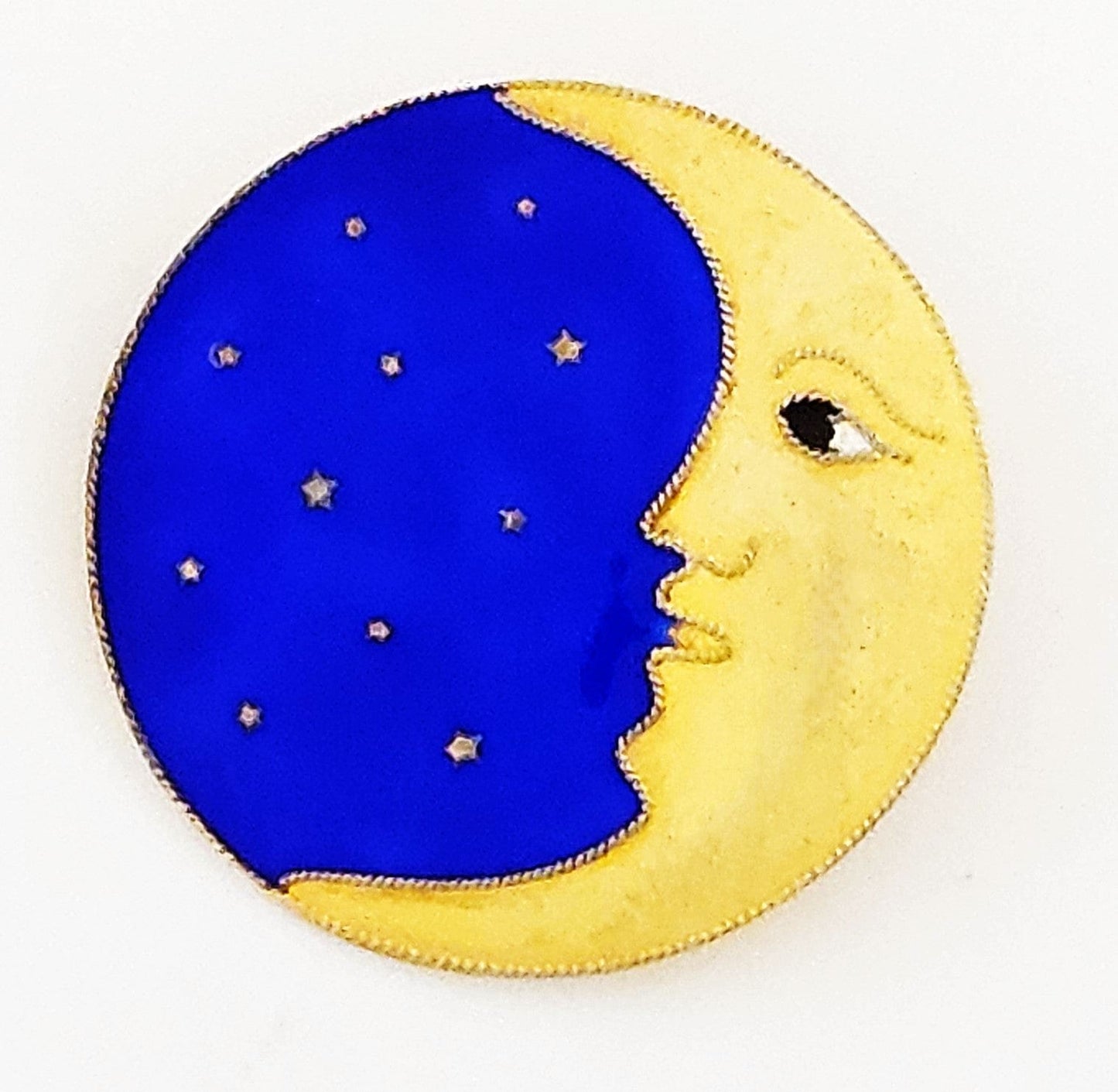 MCM Sterling Artisan Brooch Jewelry Exceptional MCM Gilt Sterling Silver & Guilloche Enamel Moon + Stars Brooch