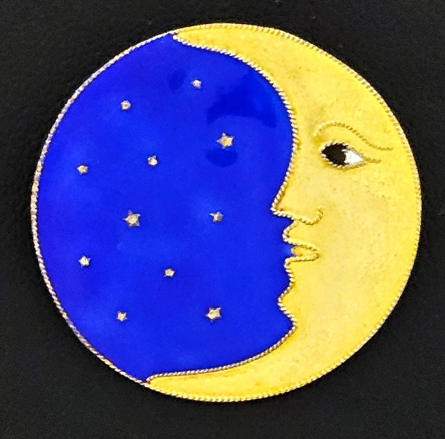 MCM Sterling Artisan Brooch Jewelry Exceptional MCM Gilt Sterling Silver & Guilloche Enamel Moon + Stars Brooch