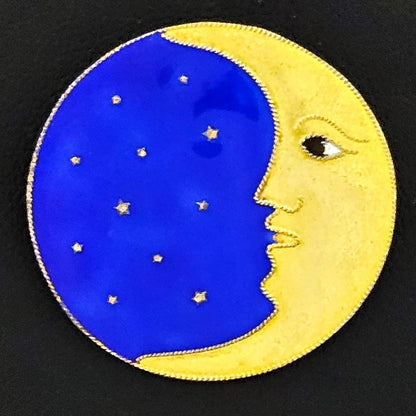MCM Sterling Artisan Brooch Jewelry Exceptional MCM Gilt Sterling Silver &amp; Guilloche Enamel Moon + Stars Brooch