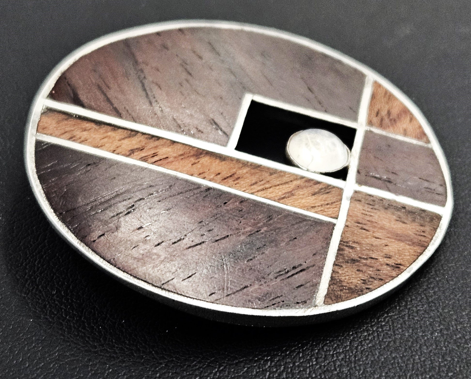 MCM Sterling Artisan Brooch Jewelry MCM Artisan Handmade Sterling + Clear Quartz + Inlaid Wood Modernist Brooch